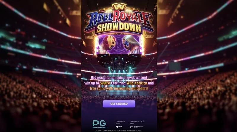 Reel Royale Showdown - skrin utama dengan gulungan dan tiga slot Tambahan Wild